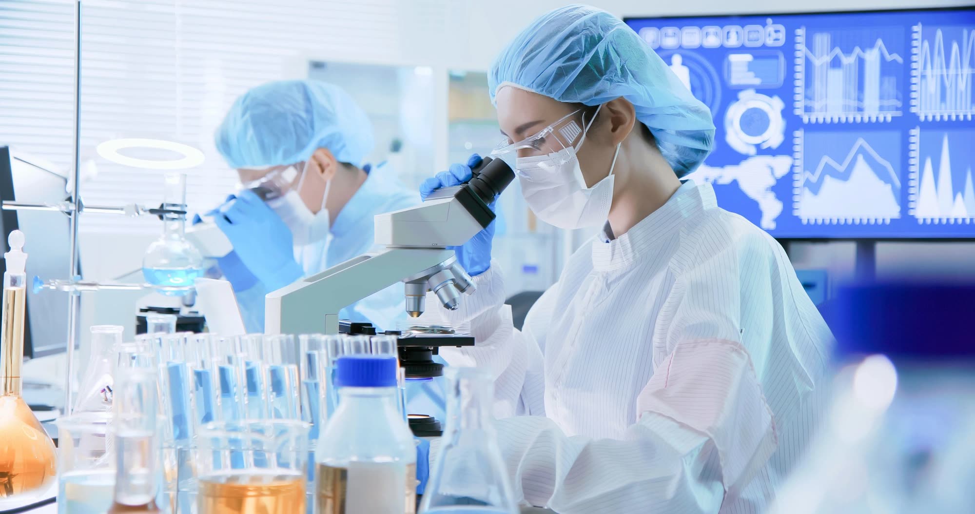 Researchers working at microscopes in a laboratory